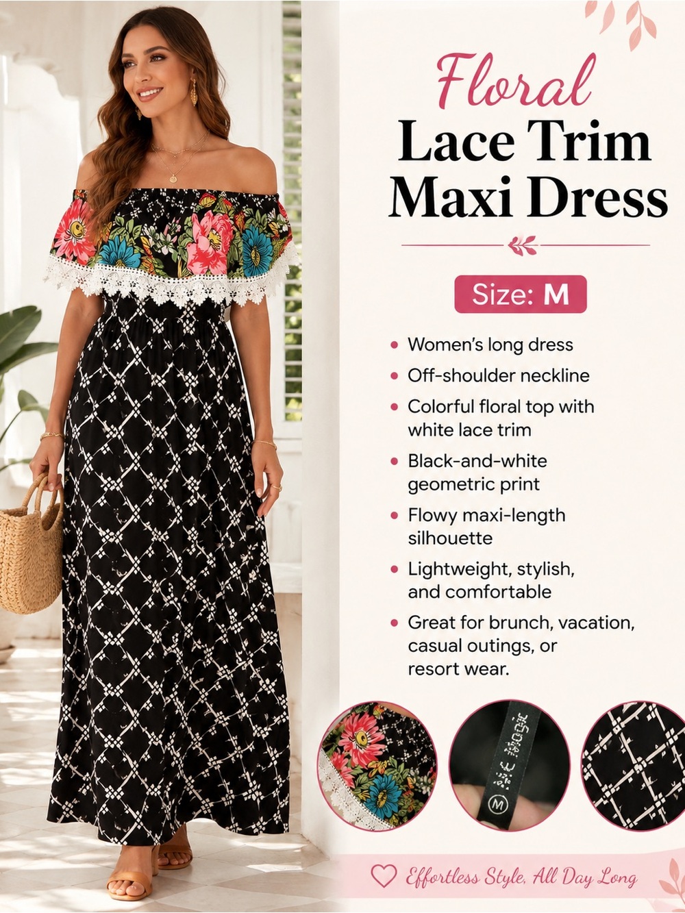 Off-Shoulder Floral Lace-Trim Maxi Dress - Black with Multicolor Floral
